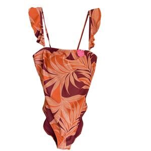 Accessorize London One Piece Tropical Palm Print  Orange Pink Swimsuit Size 6